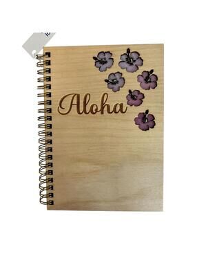 Aloha and Flowers Wooden Covered Notebook/Journal 5x7 Laser 80 Pages New W Tags